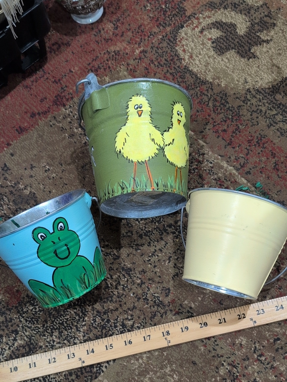 Hand-Painted Metal Buckets - Yellow, Green, Light Blue - Set Of 3